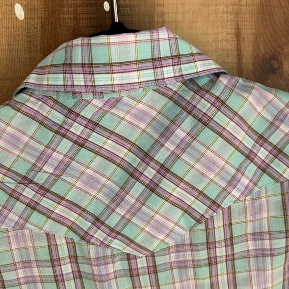 Wrangler Wrancher Pearl Button Snap Light Green Purple Plaid Western Shirt L - Picture 6 of 9
